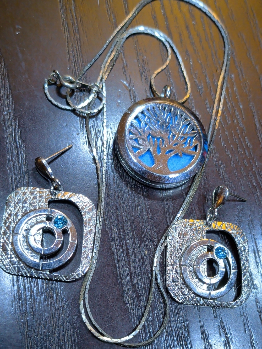 Tree of Life Silver Necklace and Blue Accent Earrings Set